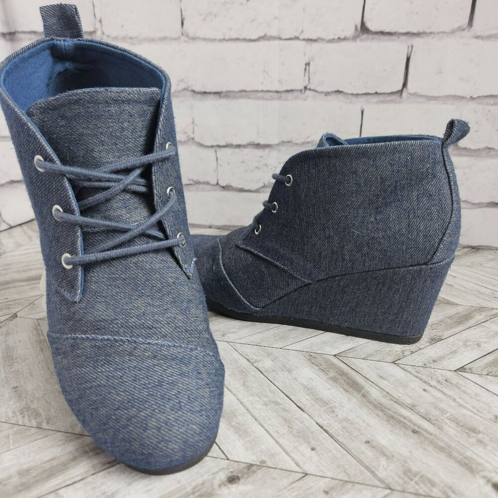 Denim Blue Colored Wedge Lace Up Shoes Womens 10 Casual Fabric Booties Heels